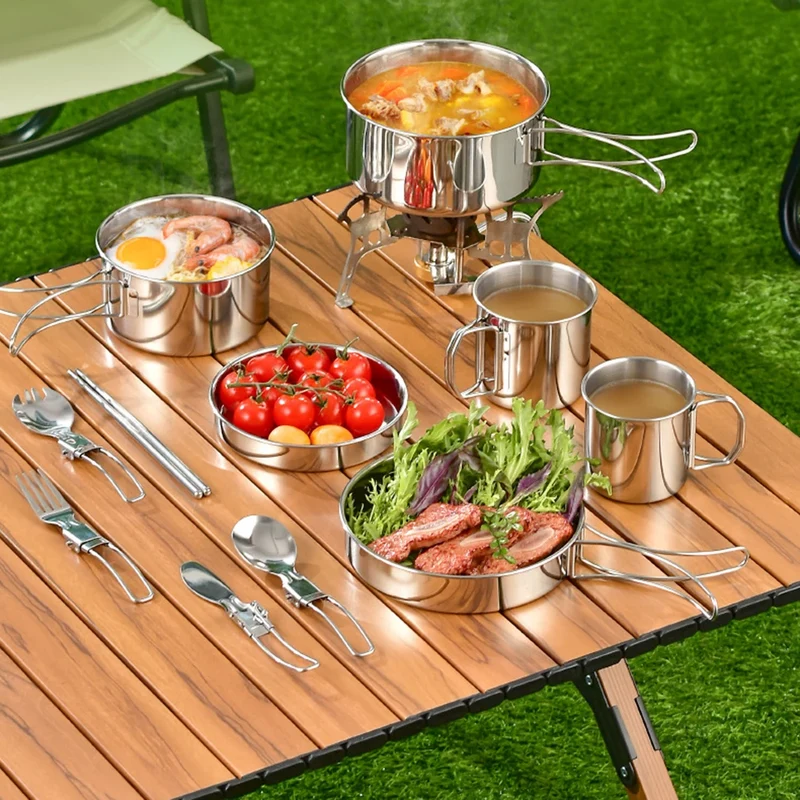 Stainless Steel 8Pcs Cookware Set for Camping Camping Pot and Pan Set with Cups Outdoor 2-3 Person Tableware for Hiking Picnic