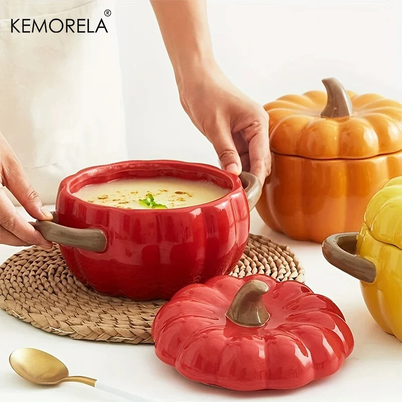 50OZ Dutch Oven Pot With Lid Ceramic Pumpkin Dish Halloween Pumpkin Pottery Dessert Saucepan No Open Flames Cute Pumpkin Bowl