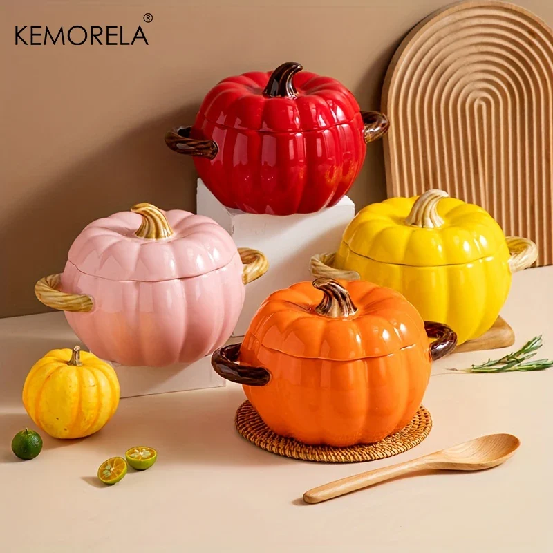 50OZ Dutch Oven Pot With Lid Ceramic Pumpkin Dish Halloween Pumpkin Pottery Dessert Saucepan No Open Flames Cute Pumpkin Bowl