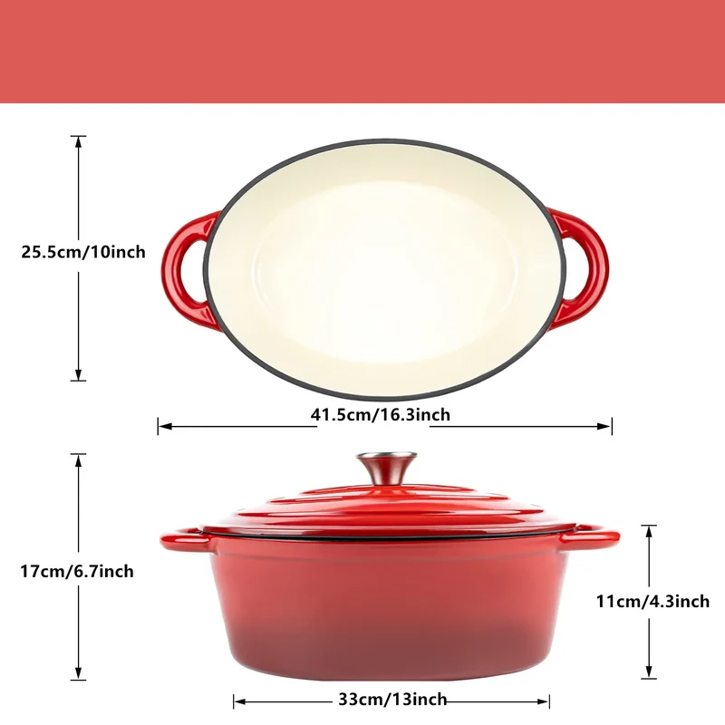 33cm Enameled Cast Iron Oval Dutch Oven for Braising Broiling Bread Baking 4L Saucepan Kitchen Utensil Cast Iron Casserole Dish