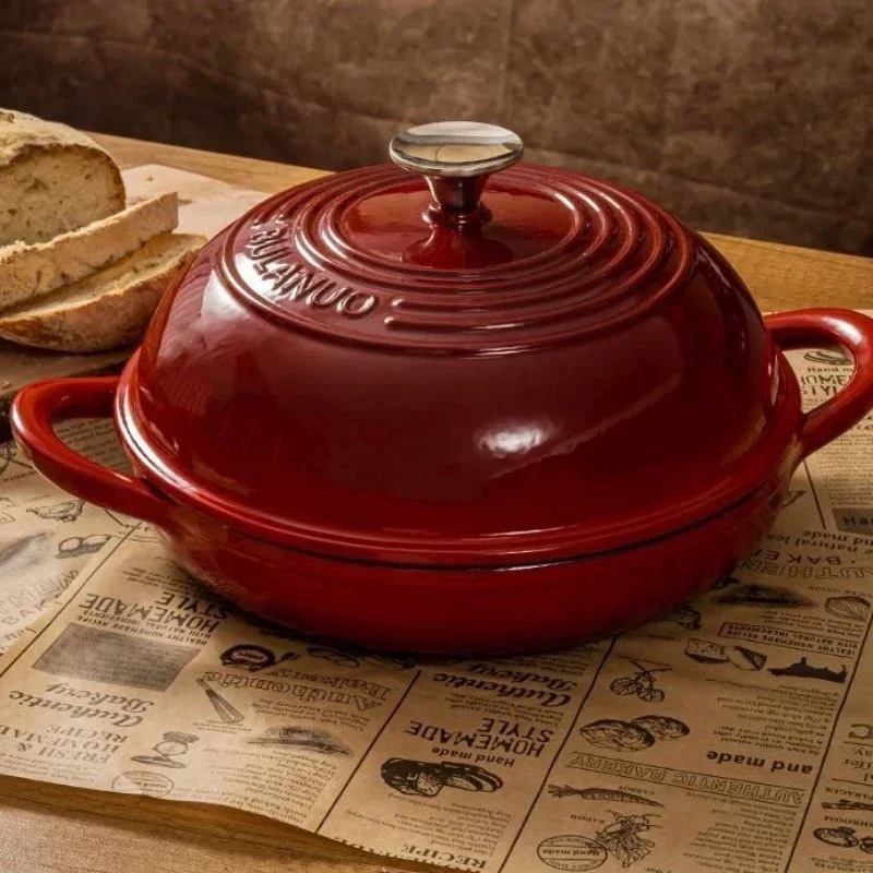 11 Inch Red Enameled Cast Iron Bread Pan with Lid Dutch Oven for Sourdough Baking - Oven Safe Kitchen Baking Dish