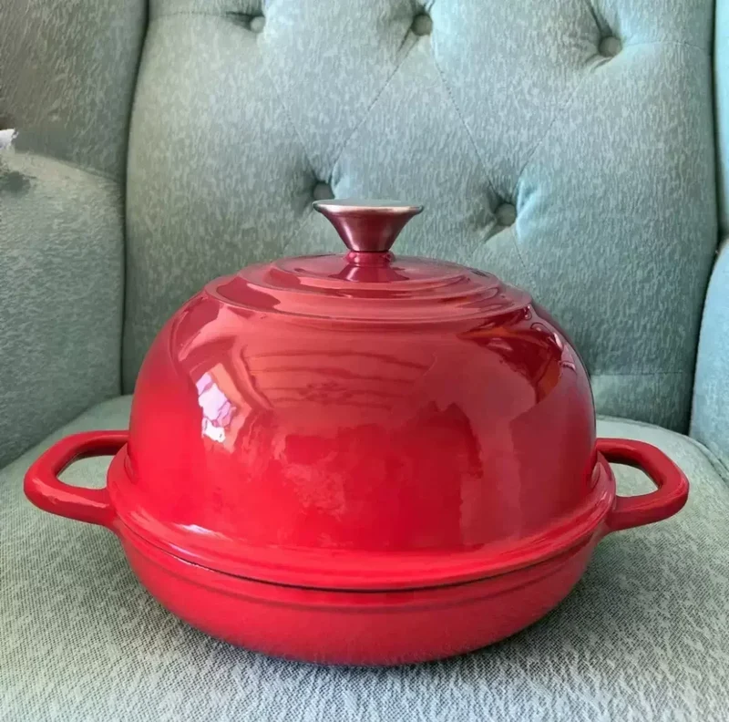 11 Inch Red Enameled Cast Iron Bread Pan with Lid Dutch Oven for Sourdough Baking - Oven Safe Kitchen Baking Dish