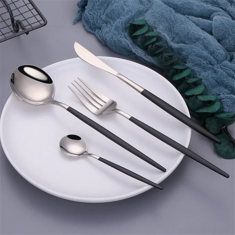 Stainless Steel Cutlery Set, 4pcs Fork, Spoon, Knife, Chopsticks, Dinnerware, Tea Spoon, Flatware Set, Silverware, Black Gold