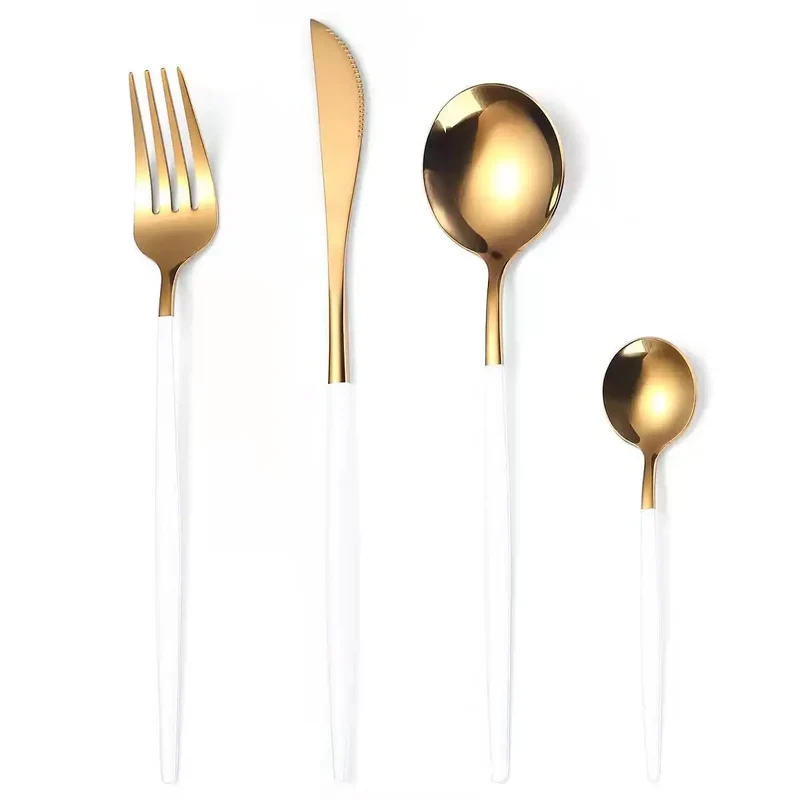 Stainless Steel Cutlery Set, 4pcs Fork, Spoon, Knife, Chopsticks, Dinnerware, Tea Spoon, Flatware Set, Silverware, Black Gold