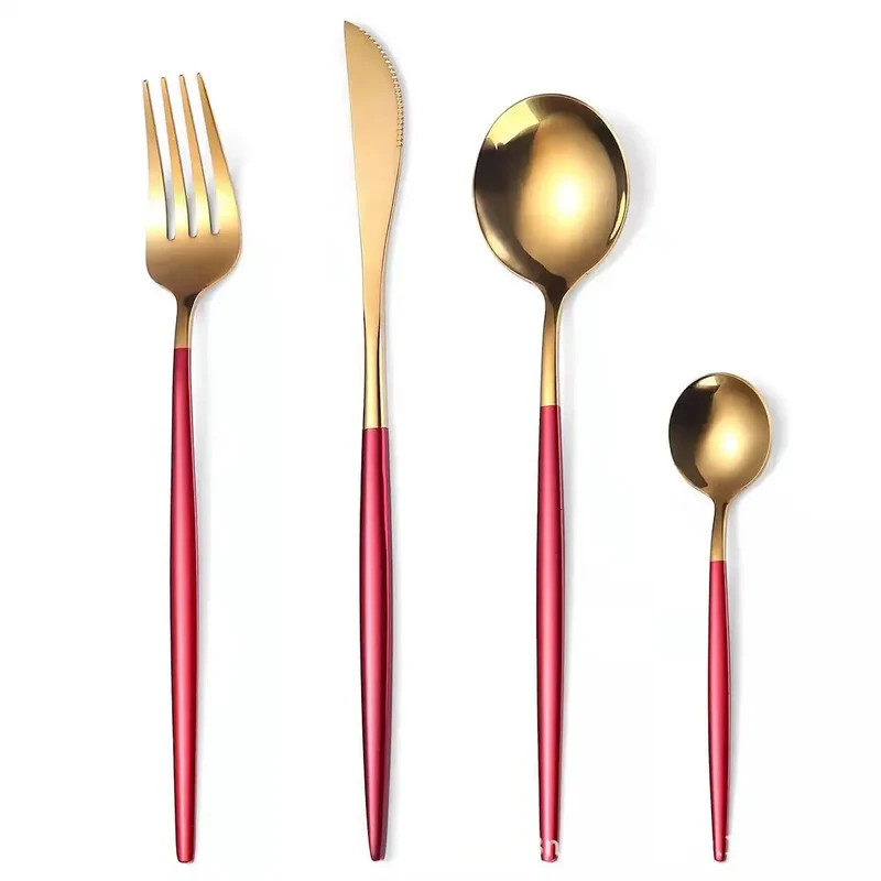 Stainless Steel Cutlery Set, 4pcs Fork, Spoon, Knife, Chopsticks, Dinnerware, Tea Spoon, Flatware Set, Silverware, Black Gold