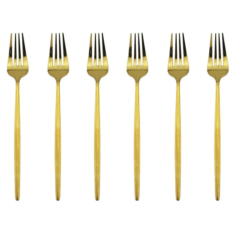 6 Pcs Silvere/Golden Flatware 8.2 Inch Stainless Steel Dinner Fork Camping Dinnerware Set Tableware Eating Utensils
