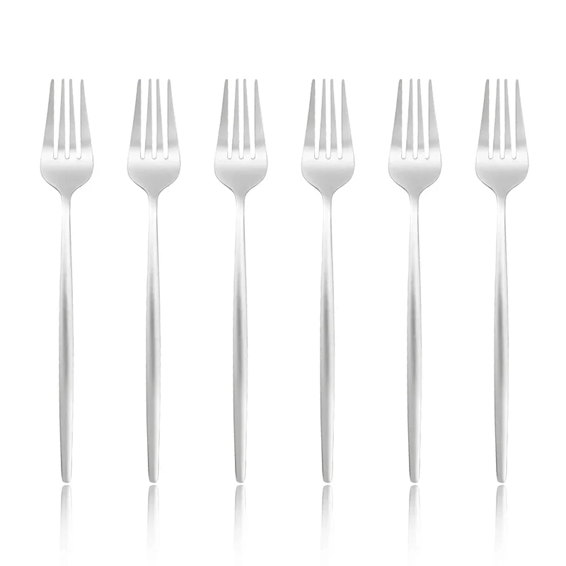 6 Pcs Silvere/Golden Flatware 8.2 Inch Stainless Steel Dinner Fork Camping Dinnerware Set Tableware Eating Utensils