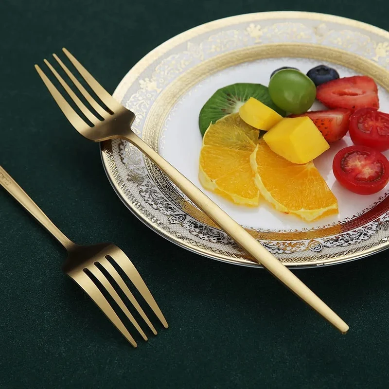 6 Pcs Silvere/Golden Flatware 8.2 Inch Stainless Steel Dinner Fork Camping Dinnerware Set Tableware Eating Utensils