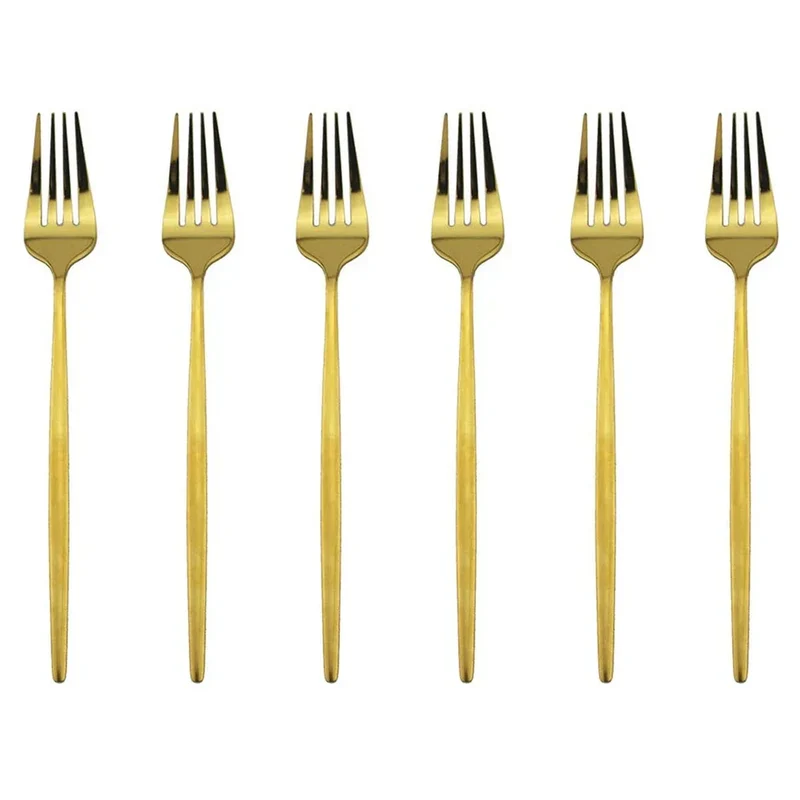 6 Pcs Silvere/Golden Flatware 8.2 Inch Stainless Steel Dinner Fork Camping Dinnerware Set Tableware Eating Utensils