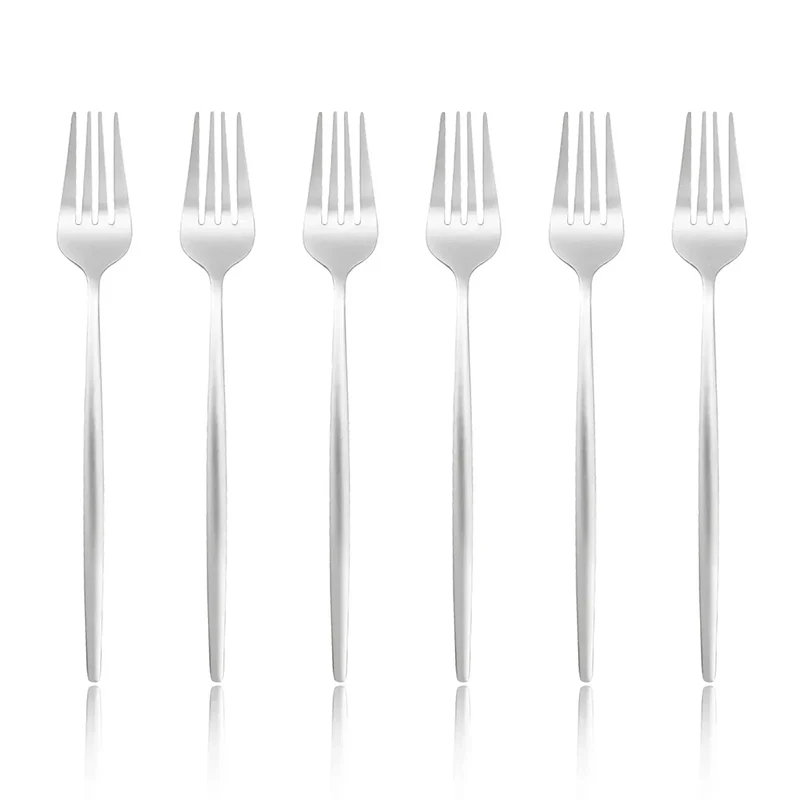 6 Pcs Silvere/Golden Flatware 8.2 Inch Stainless Steel Dinner Fork Camping Dinnerware Set Tableware Eating Utensils