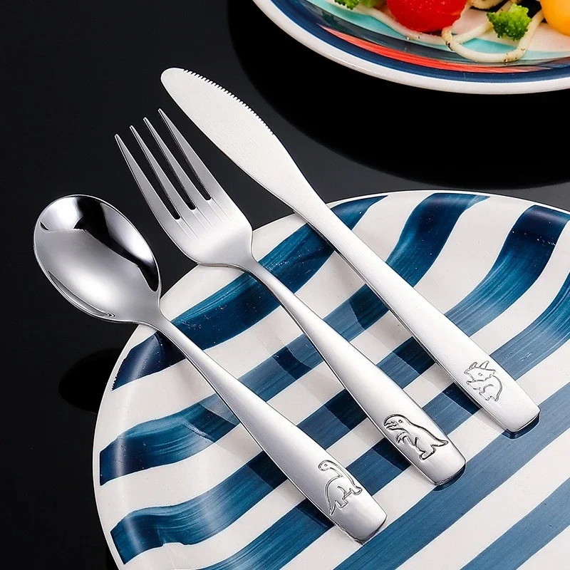 304 Stainless Steel Children's Tableware Set with Pieces Featuring Dinosaur Patterns, Affordable Including Knives Forks Spoons