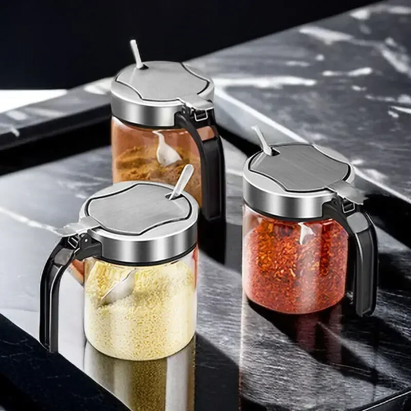 300ml Glass Seasoning Jar Stainless Steel Lid With Spoon Condiment Bottle Salt Shaker Kitchen Supplies Storage Set Spice Boxes Y