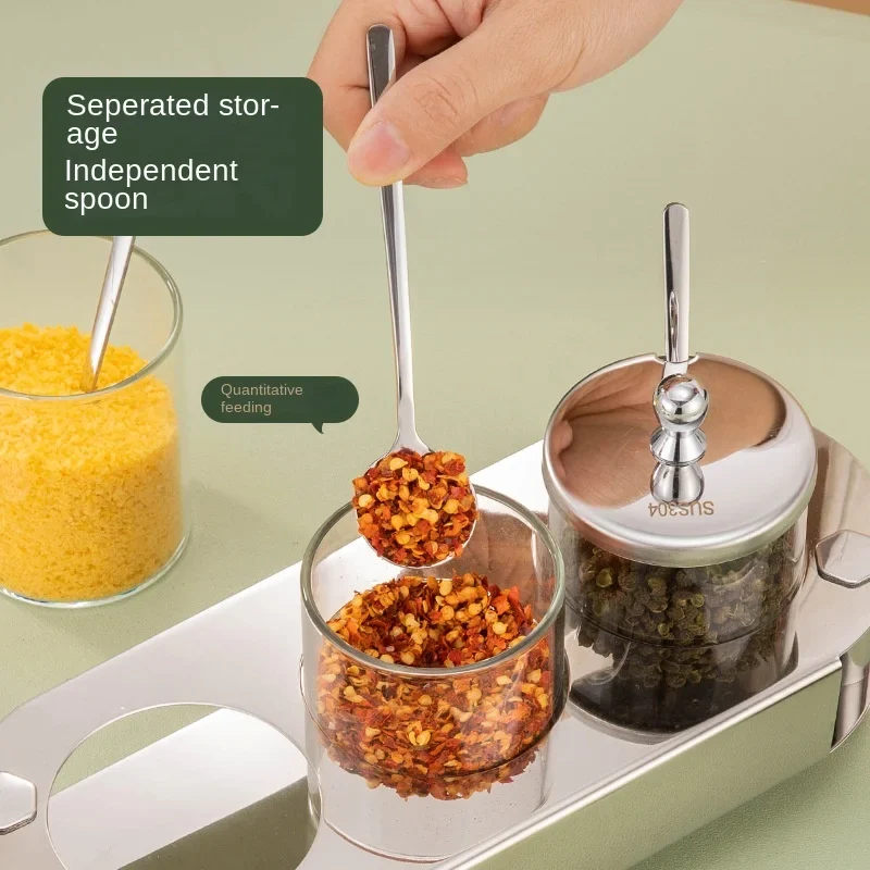 304 Stainless Steel Seasoning Jar Set Transparent Glass Pepper Salt Jar Seasoning Spice Seasoning Kitchen Food Storage Container