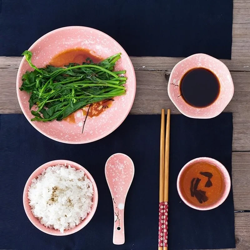 6-Piece Set Japanese Rice Bowl Dishes, Chopsticks, Spoon Ceramic Tableware Household Single Food