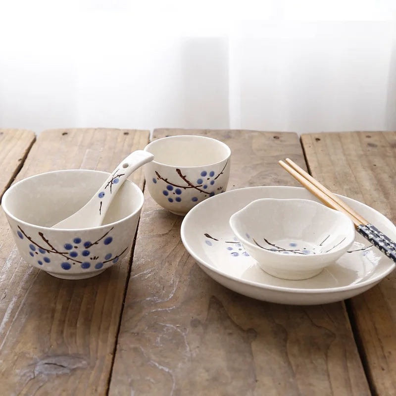 6-Piece Set Japanese Rice Bowl Dishes, Chopsticks, Spoon Ceramic Tableware Household Single Food