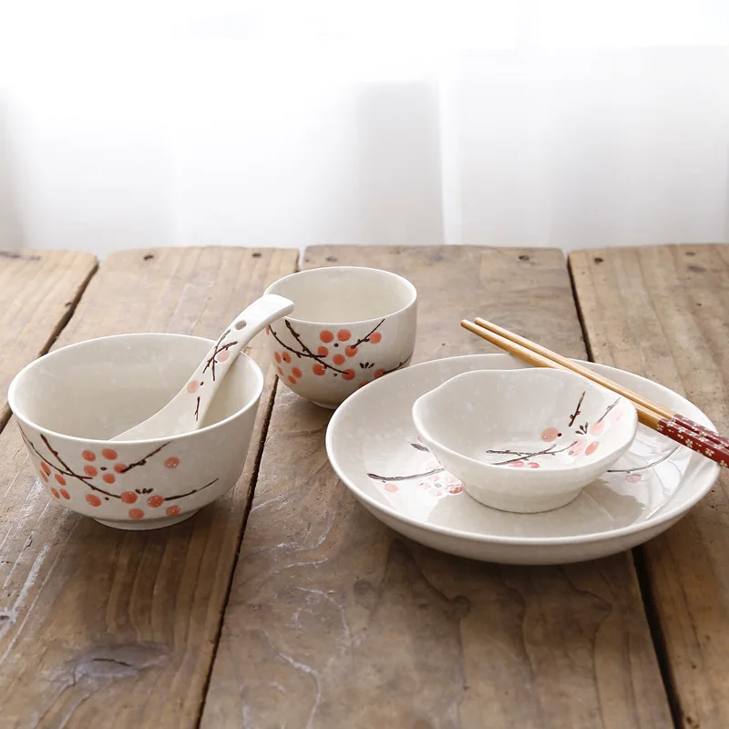 6-Piece Set Japanese Rice Bowl Dishes, Chopsticks, Spoon Ceramic Tableware Household Single Food