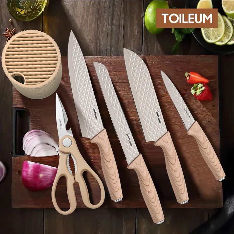 6PCS Kitchen Knife Set with Block Cover, Ultra Sharp High Carbon Stainless Steel Blade, Non Stick & Ergonomic Handle