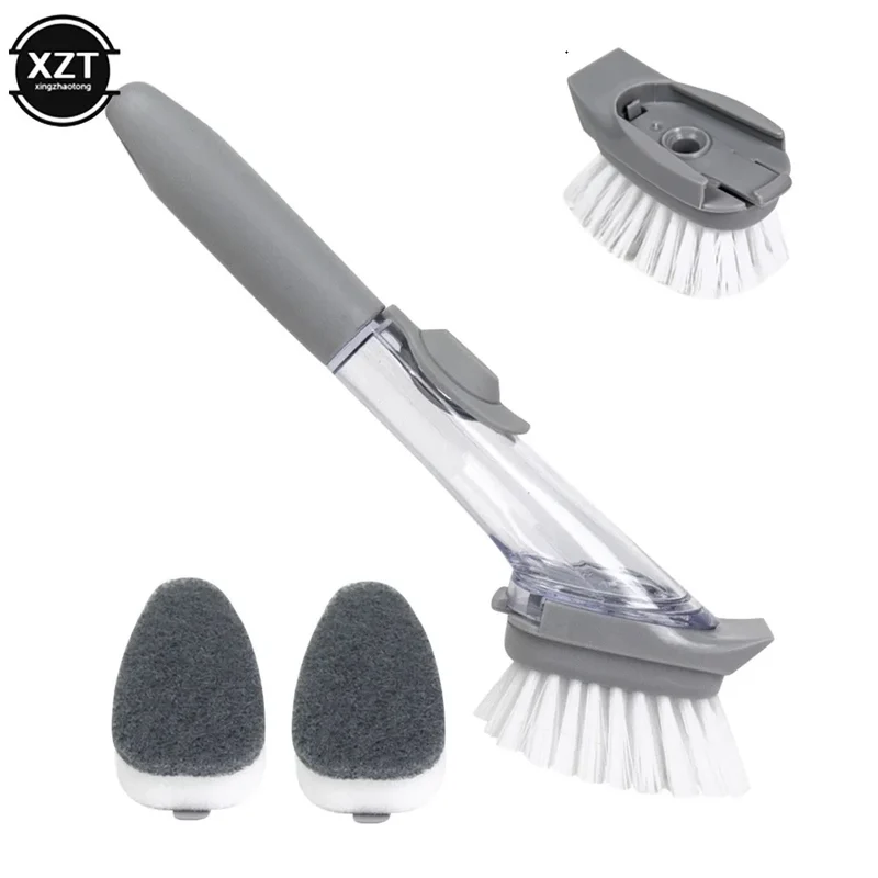 2In1 Long Handle Cleaning Brush with Removable Brush Sponge Dispenser Dishwashing Kitchen Cleaning Brush Brush Kitchen Tools