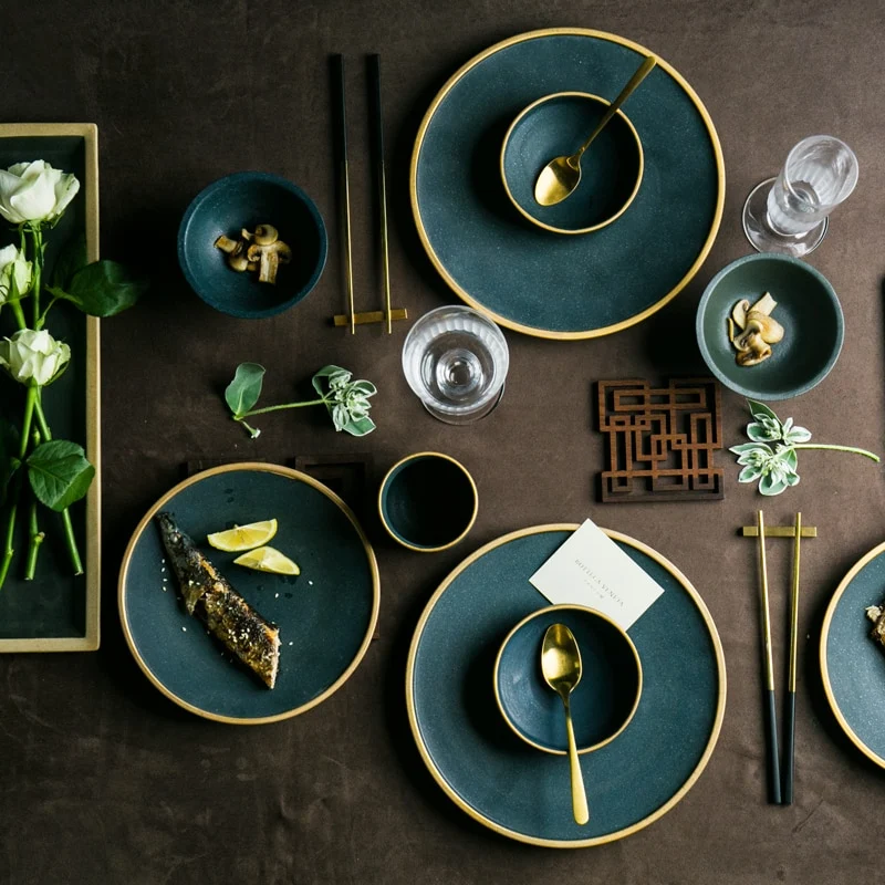 Ceramic Gold Inlay Plates Steak Food Dish Nordic Style Retro Tableware Bowl Ins Dinner Plate Cup High End Dinnerware Set