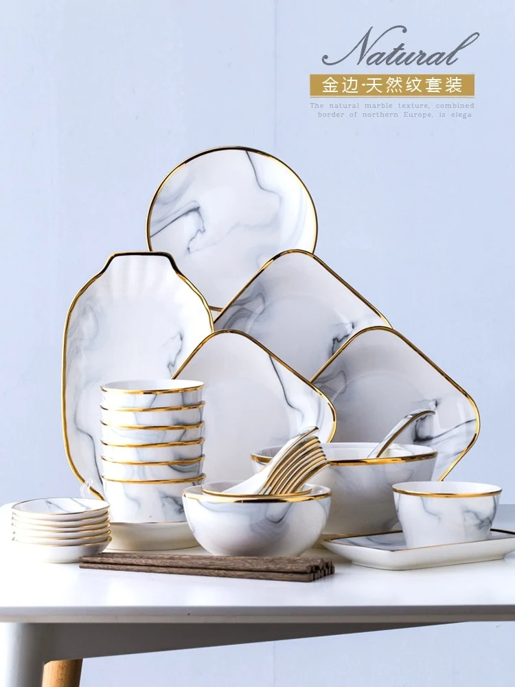 Nordic wind ceramics Phnom Penh marble tableware set christmas Bowl dish set bowl soup dishes and dishes for household use