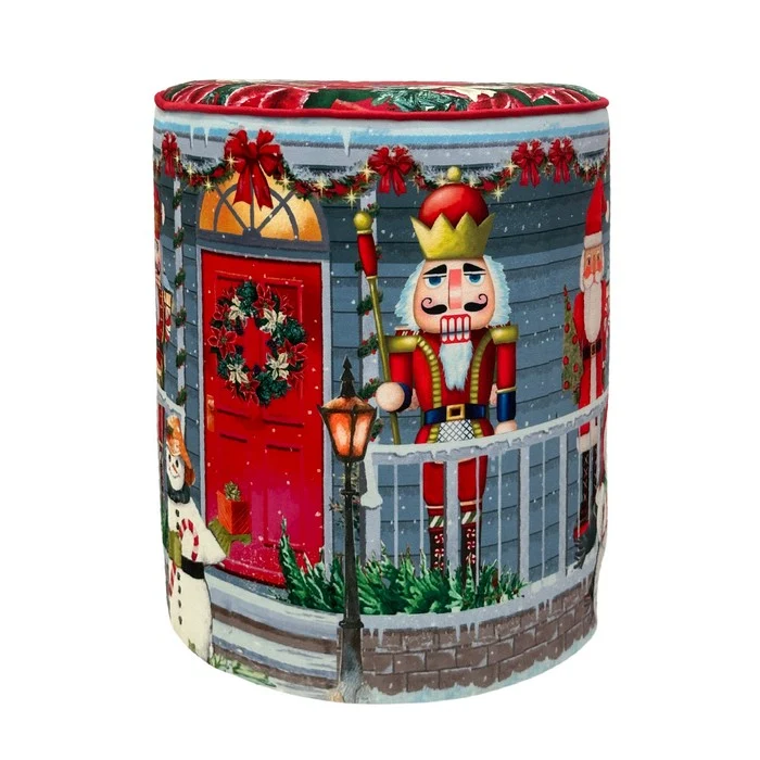 Pouf natalizio rotondo in velluto con casa Babbo Natale 40 cm