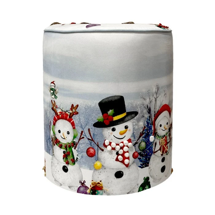 Pouf natalizio rotondo in velluto con pupazzi di neve 40 cm