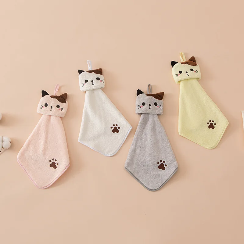 Cute Cat Kitchen Cleaning Towel Hanging Hand Towels Absorbent Dishcloths Coral Velvet Soft Cleaning Cloth Rag