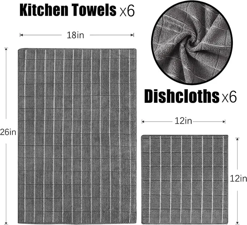 12pcs Microfiber Kitchen Towels and Dishcloths Set, 26 X 18 Inch and 12 X 12 Inch, Bulk Lint Free Dish Towels for Drying Dishes