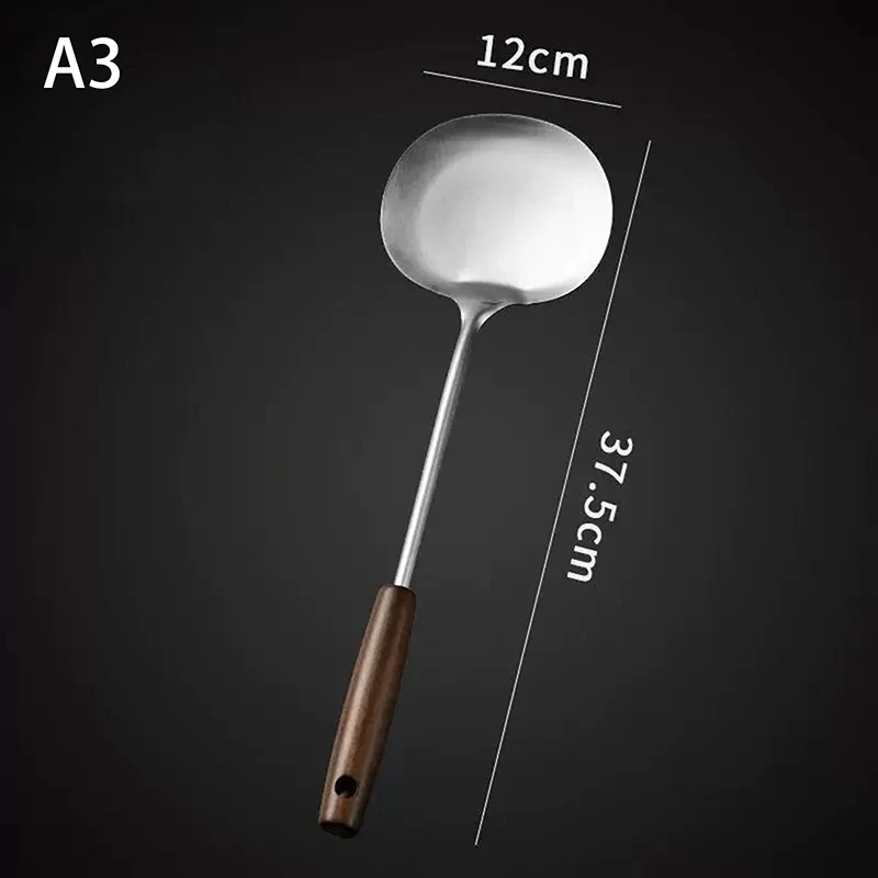 Long Handle Mushroom Shovel Kitchen Cooking Utensils Stainless Steel Wok Spatula Chef-specific Cooking Spoon Wooden