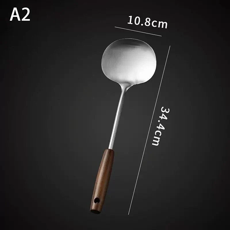 Long Handle Mushroom Shovel Kitchen Cooking Utensils Stainless Steel Wok Spatula Chef-specific Cooking Spoon Wooden