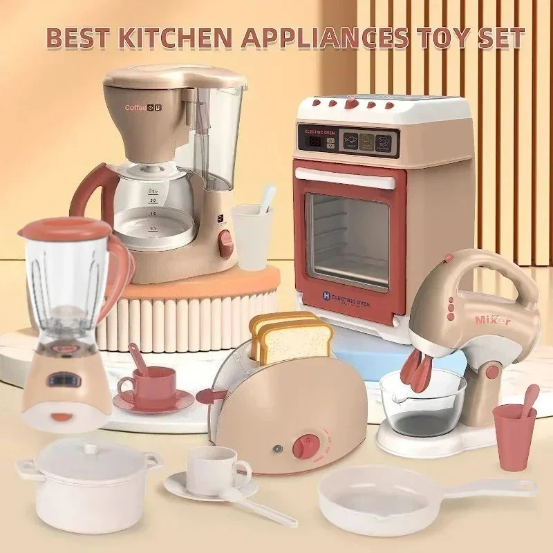 Kitchen Appliances Toy Kids Kitchen Accessories Pretend Play Set with Blender Coffee Maker Mixer with Sounds & Light