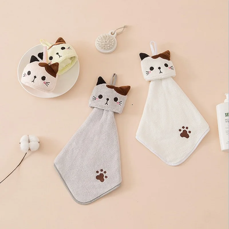 Cute Cat Kitchen Cleaning Towel Hanging Hand Towels Absorbent Dishcloths Coral Velvet Soft Cleaning Cloth Rag