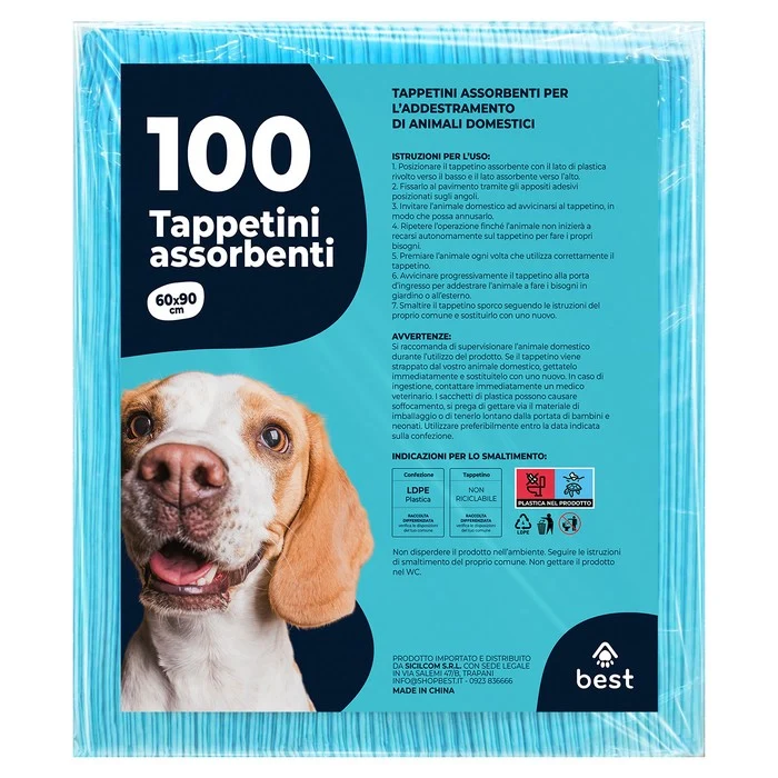 Confezione 100 tappetini assorbenti per animali domestici 60x90 cm con angoli adesivi