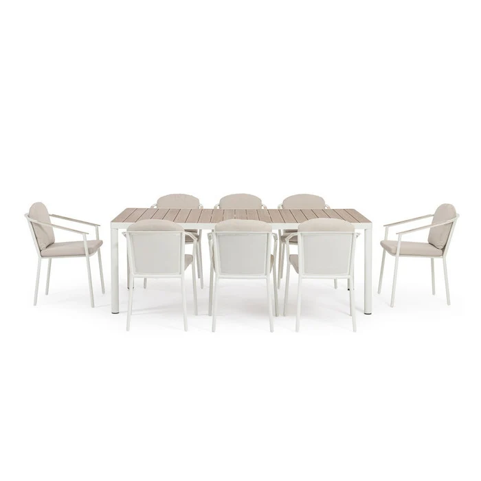 Set tavolo da giardino in alluminio con piano effetto legno, con 8 sedie - Ulises
