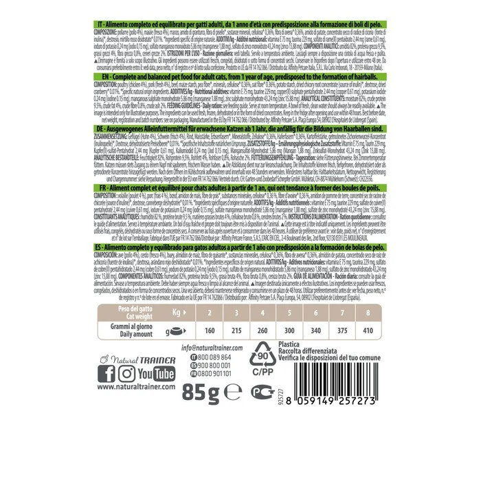 Natural Trainer Cat Adult Hairball con Pollo 85g