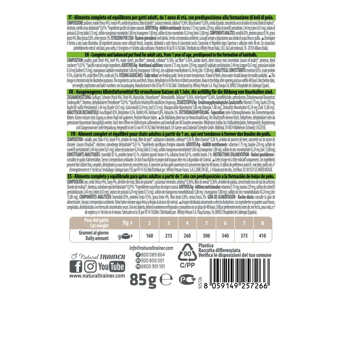 Natural Trainer Cat Adult Hairball con Manzo 85g