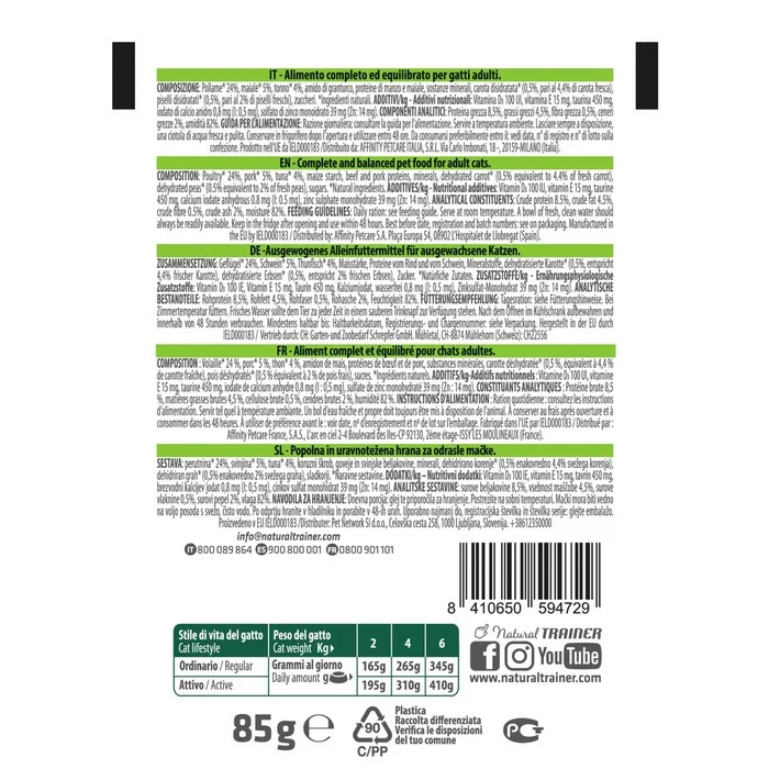 Natural Trainer Cat Straccetti Adult con Tonno e verdure 85g