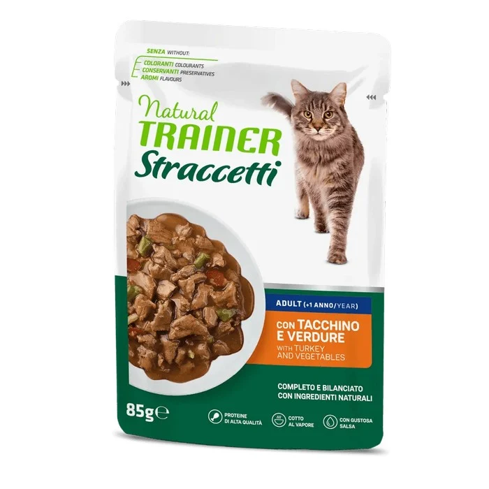 Natural Trainer Cat Straccetti Adult con Tacchino e verdure 85g