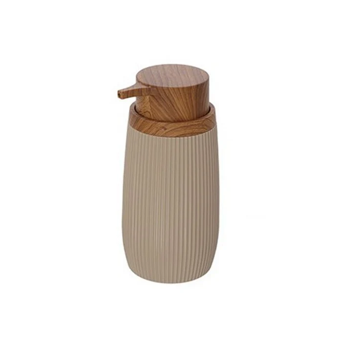 Dispenser per sapone tondo in plastica con decori effetto legno - London