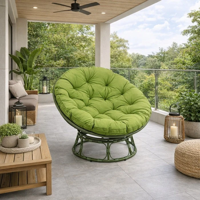 Poltrona relax rotonda da giardino con cuscino in metallo e vimini - Moon