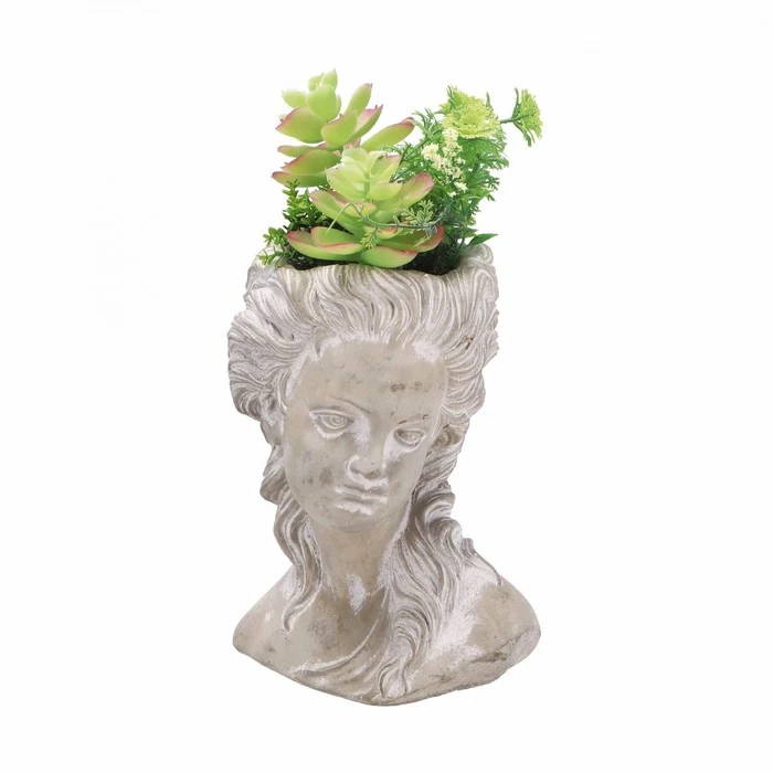 Vaso a forma di testa con piante artificiali 34 cm