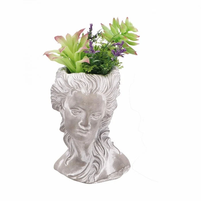 Vaso a forma di testa con piante artificiali 34 cm