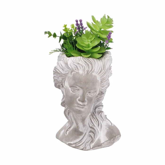 Vaso a forma di testa con piante artificiali 34 cm