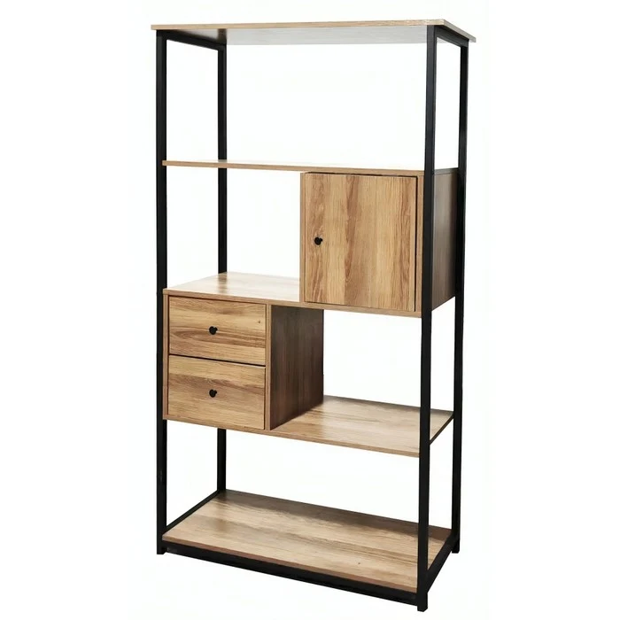 Libreria industrial con 2 cassetti e anta in metallo e legno