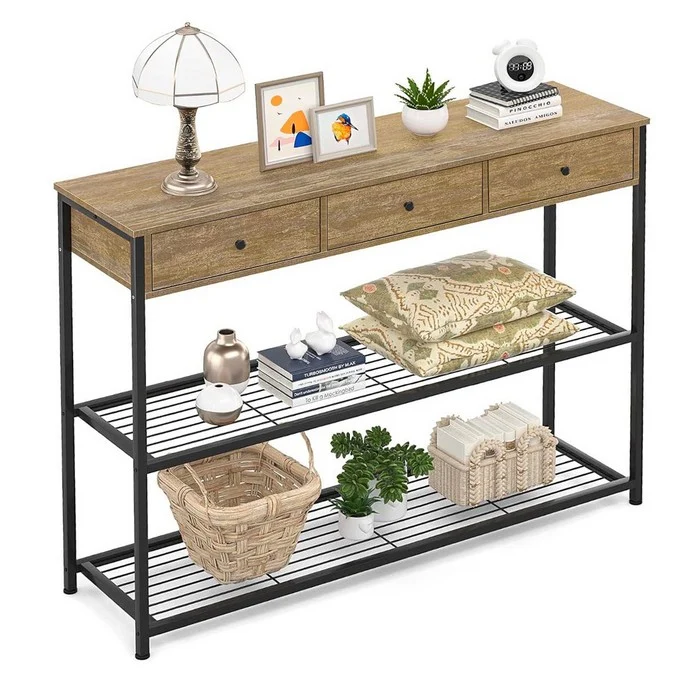 Console industrial con 3 cassetti e ripiani in metallo e legno