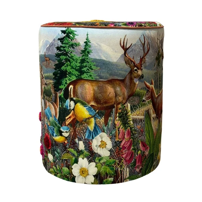 Pouf rotondo in velluto con alce e fiori 40 cm