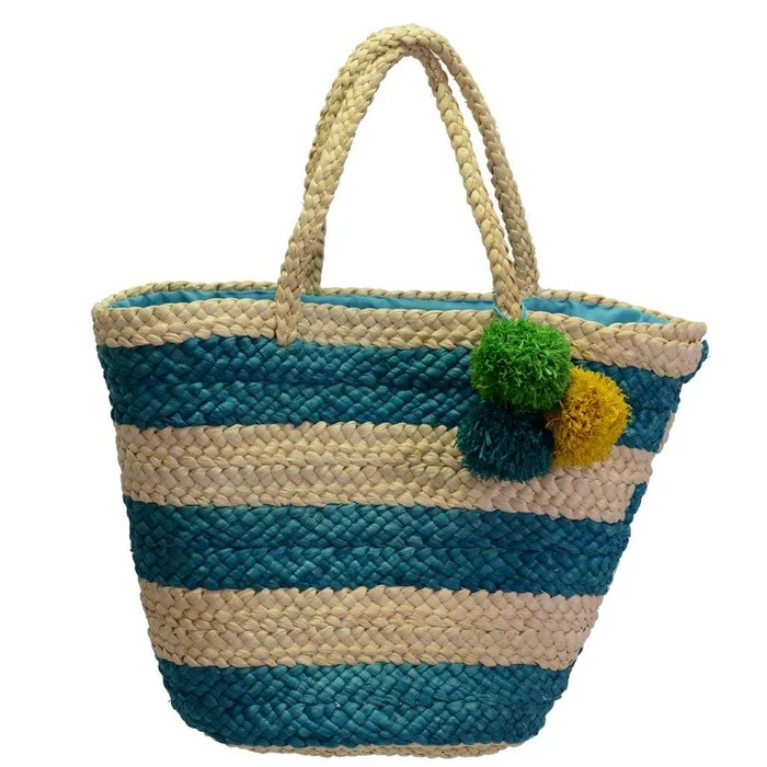Borsa in paglia ponpon azzurro