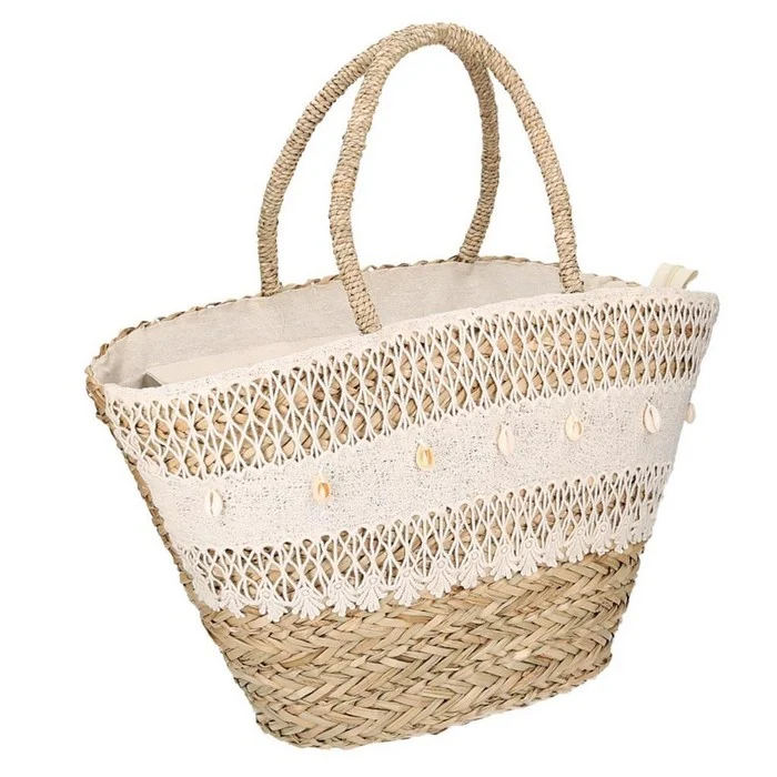 Borsa in paglia con pizzo e conchiglie
