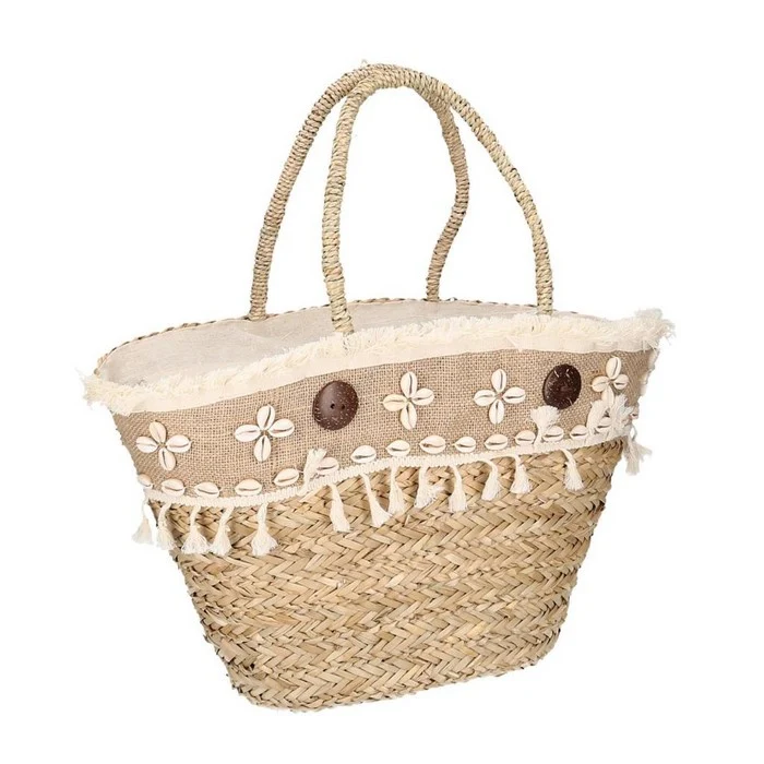 Borsa in paglia con bottoni e conchiglie
