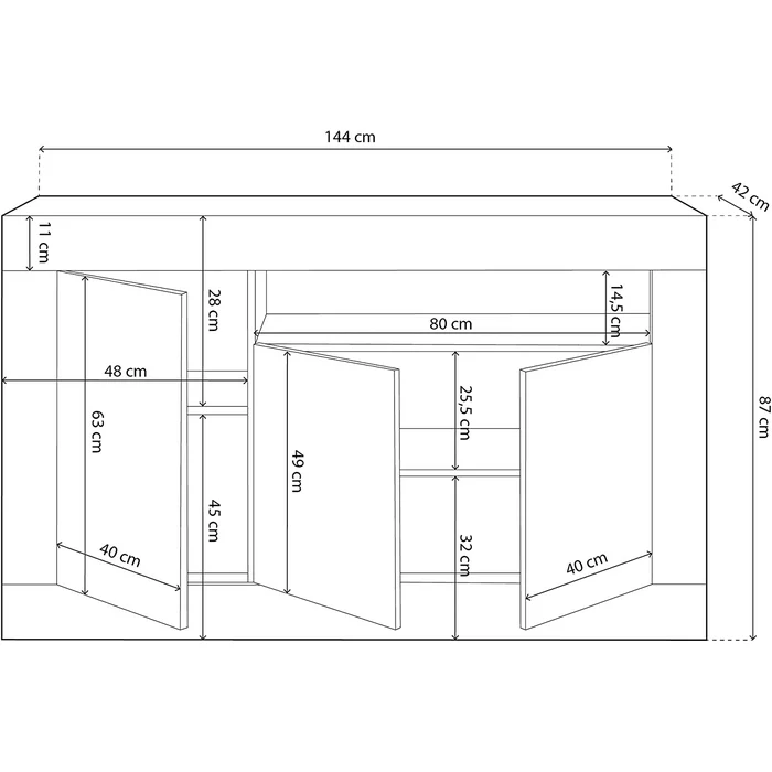 Credenza da soggiorno con 3 ante e vano